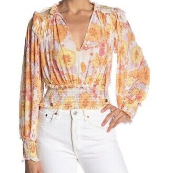 Free People Twilight ruffle long sleeve smocked hem V neck Boho top, sz S - Picture 1 of 9